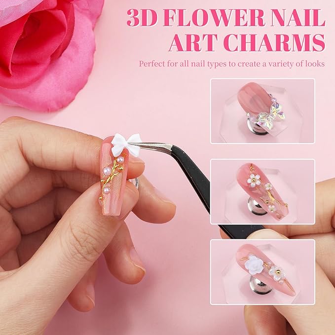 2 Boxes Assorted Nail Charms and Gems, White Flower Nail Charms Aurora Bow Metal Butterfly Crystal AB Clear Gemstones Silver/Gold Caviar Beads White Pearls Glass Bubble with Nail Chain (9-S2-Mixed6)