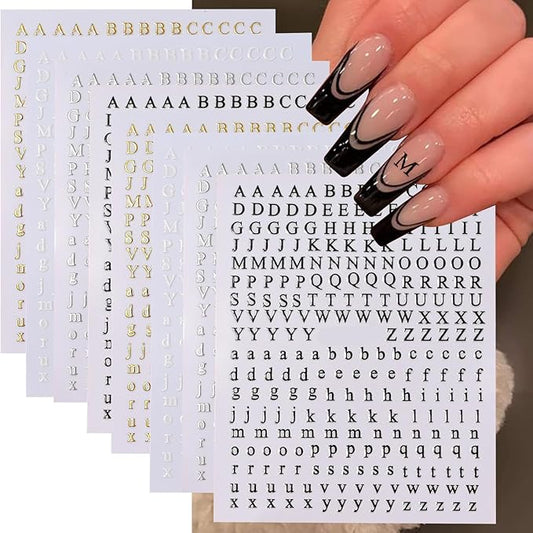 Letters Nail Art Stickers English Alphabet Nail Decals 3D Self-Adhesive Metallic Gold Silver Nail Sticker Black Alphabet Nail Art Supplies for Women Girls DIY Nail Decoration Manicure 8 Sheets