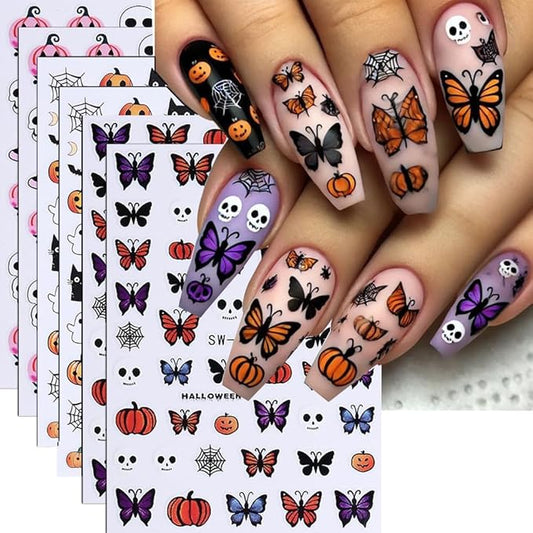 6Pcs Halloween Nail Stickers Butterfly Skull Nail Decals DIY Self Adhesive Cartoon Pumpkin Cat Ghost Web Nail Design Halloween Nail Decoration Supplies Holiday Manicure Accessories for Women Girls