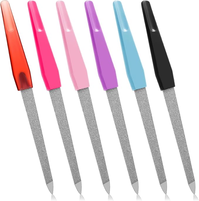 6 Pcs Fingernail Files for Women, 6 Inch Metal Nail Files Stainless Steel Sword Nail File with Sharp Pointed Tip and Non Slip Handle Colorful Diamond Deb Toenail File for Natural Nails