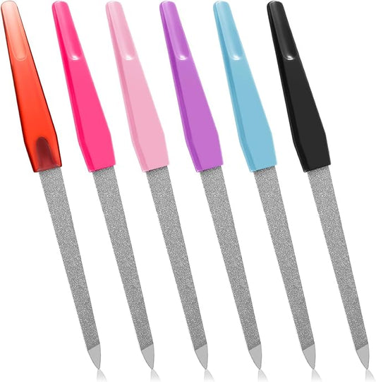 6 Pcs Fingernail Files for Women, 6 Inch Metal Nail Files Stainless Steel Sword Nail File with Sharp Pointed Tip and Non Slip Handle Colorful Diamond Deb Toenail File for Natural Nails