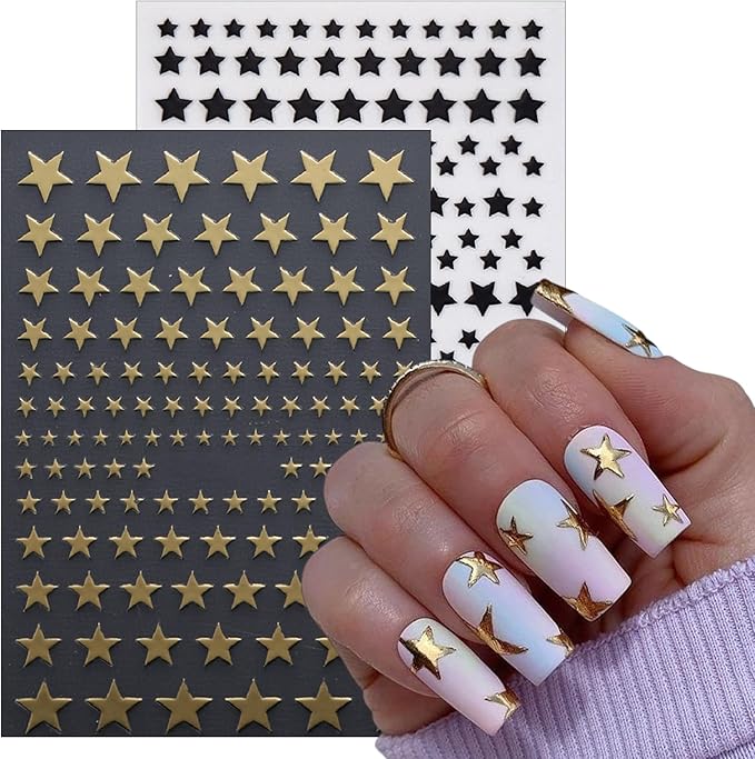 6 Sheets Heart Shaped Nail Art Stickers 3D Laser Star Shape Nail Stickers Self-Adhesive Gold and Silver Heart Shape Design Decals Four Pointed Star Women's Nail Decoration