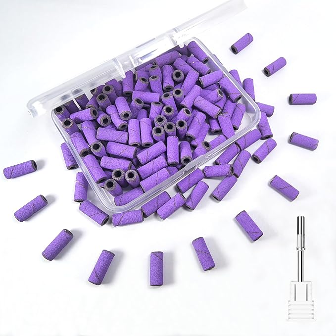 Sanding Bands for Nail Drill Nail Drill Bits Set, Corfulra Upgraded Small Sanding Bands with Mandrel Bit, 100 pcs 180 Fine Grits for Natural Nail, Nail Accessories of Nail Tech Must Haves, Purple