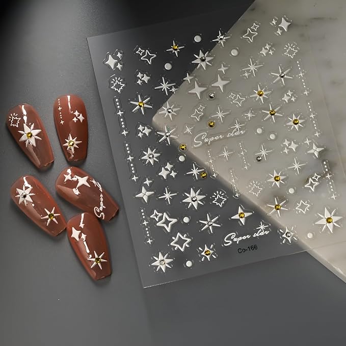 Star Nail Stickers for Nail Art 5D Self-Adhesive Nail Decals White Star Nail Stickers with Rhinestones Design White Nails Supplies Decoration Accessories for Women and Girls
