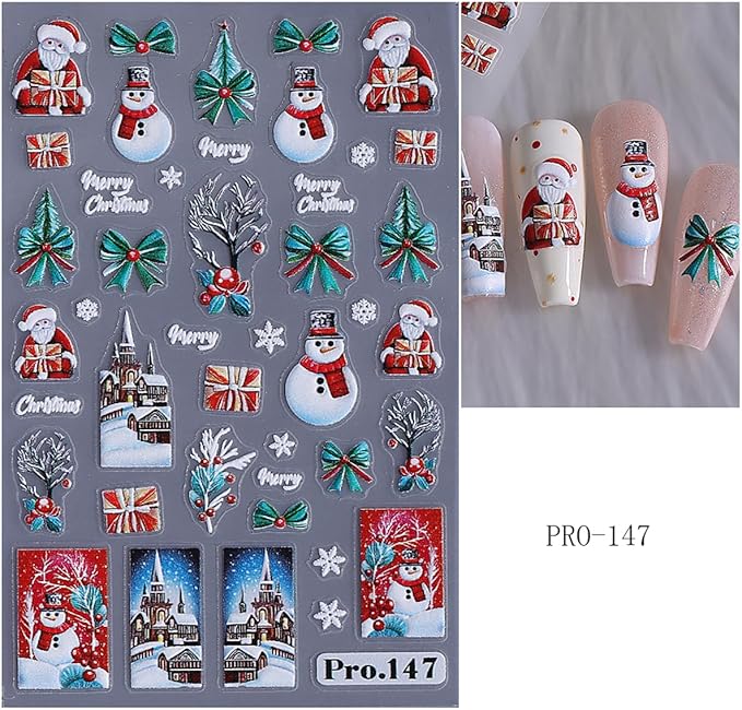 4 Sheets Christmas Nail Art Stickers Snowman Nail Decals with Cartoon Elk Bow Snowflakes Design 3D Self-Adhesive Nail Stickers Acrylic Nail Supplies for Women DIY Christmas Decorations