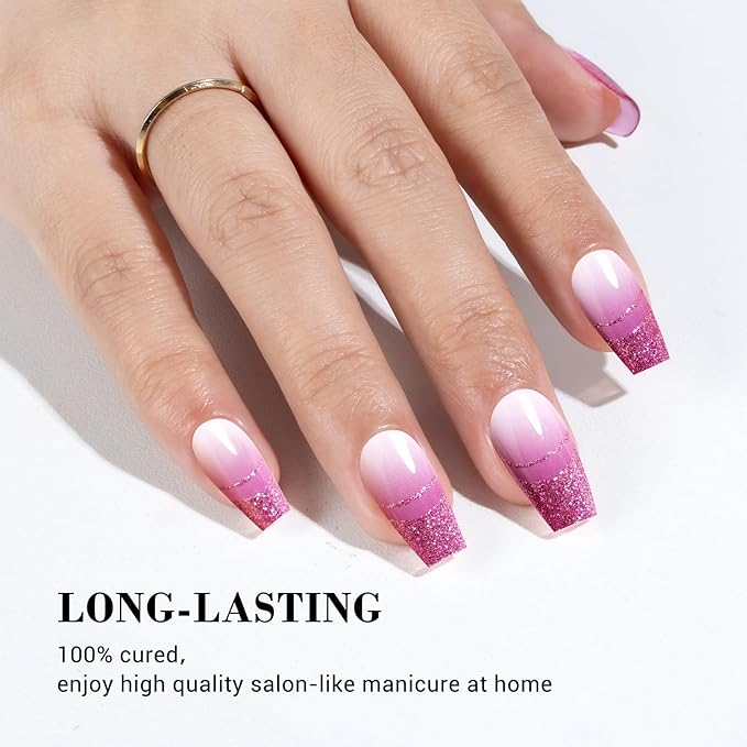 MelodySusie 30PCS Semi Cured Gel Nail Strips (Hot Pink Double French Tips), Salon Quality, Long Lasting, Easy to Apply, Includes 2 Prep Pads, Nail File and Wooden Stick