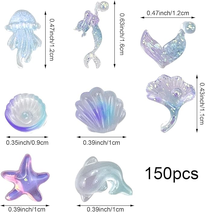 150PCS Beach Nails Charms, Summer Ocean Series 3D Resin Nail Rhinestone Mixed Sea Shell Starfish Dolphin Fishtail Nail Gem for Women Girls Manicure DIY Crafts Accessories