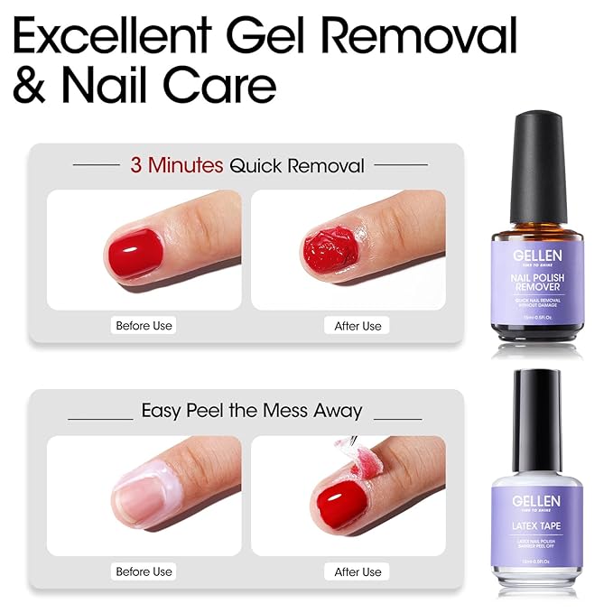 Gellen Gel Polish Remover Kit - Gel Nail Polish Remover with Latex Tape Peel Off Liquid and Manicure Tools, Quick & Easy Gel Polish Remover in 2-5 minutes, No Damage to Nails