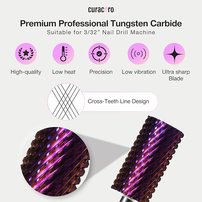 Curacoro Nail Drill Bits 3/32'' - Safe Smooth Stop Large Barrel Carbide Bit (Coarse), Fast Remove Acrylic or Gel Nails, Long-lasting Bits for Nail Beds, Nail Art Salon & Home