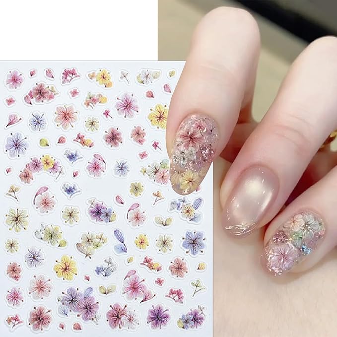 3 Sheets Spring Colored Glitter Flowers Nail Art Stickers 3D Self-Adhesive Gradual Smudge Flowers Pink Dried Flower Pattern Pink Petal Design Nail Decals for Women DIY Nail Art Decorations