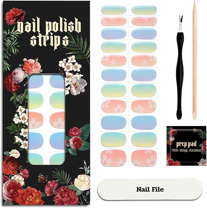 Nail Polish Strips - 22 Pcs Salon Quality Gel Nail Stickers - Long Lasting Wraps (Blue Orange Gilt Shine)