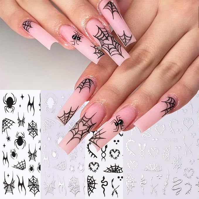 6 Sheet Halloween Nail Stickers Spider Web Spiders Nail Decals 3D Self-Adhesive Design Spooky Bat Snake Skull Nail Art Stickers Silver Black Scary Ghost Nail Art Supplies for Halloween Nail Decoration