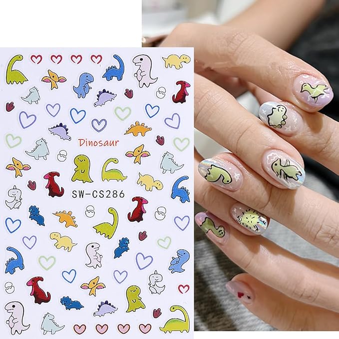 6Pcs Cute Dinosaur Nail Art Stickers 3D Self Adhesive Kawaii Nail Decals Cute Nail Stickers Colorful Animal Aircraft Summer Nail Design Sticker Heart Nail Art Supplies for Women Manicure Accessories