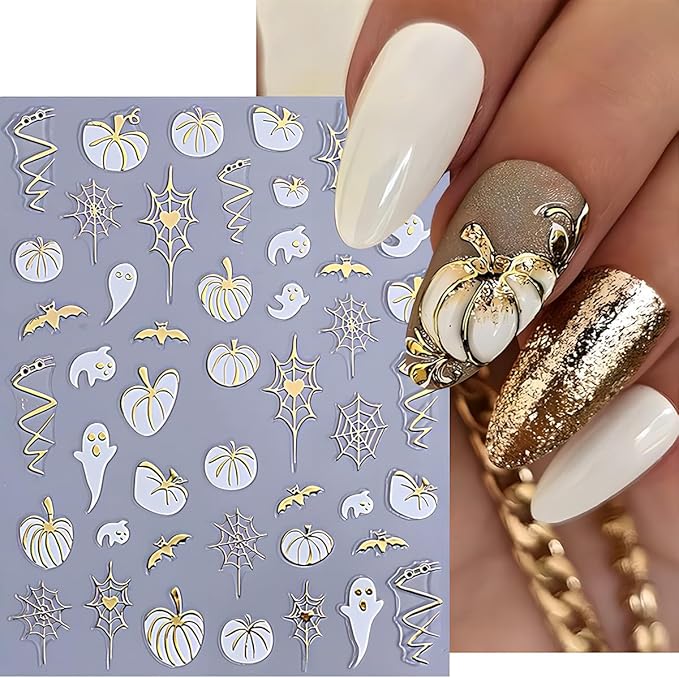 5Pcs Fall Nail Art Stickers Gold Sliver Pumpkin Maple Leaf Nails Decals 3D Self Adhesive Glitter Ghost Spider Web Spider Design Halloween Nail Stickers Holiday Nails Supplies for Women Salon Manicure
