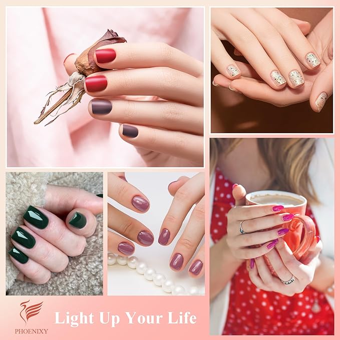 PHOENIXY 24 PCS Gel Nail Polish, Gel Nail Polish Kit with Base Glossy Matte Top Coat Brown Black Gray Red Starter Nail Set Gifts for Women