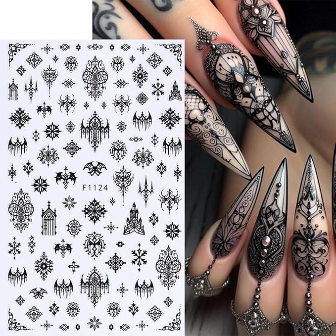 Halloween Nail Art Stickers Decals 3D Gothic Nail Stickers 6PCS Black Skulls Bat Gothic Architecture Design Self-Adhesive Nail Decals Y2K Manicure Accessories for Women Holiday Nail Art Decorations