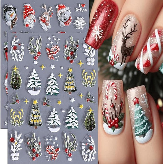 Christmas Nail Stickers 5D Embossed Christmas Tree Nail Art Stickers Winter Santa Claus Nail Decals Self Adhesive Xmas Nail Design Sticker Cute Nails Decoration for Women Manicure Accessories 2Pcs
