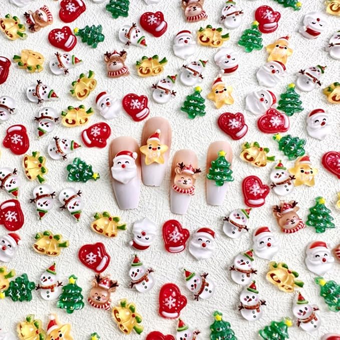 100Pcs Christmas Nail Charms and Gems 3D Christmas Tree Santa Claus Snowman Deer Nail Rhinestones Jewelry Supply Christmas Xmas Nail Art Charms for Women DIY Manicure Holiday Party Nails Decoration