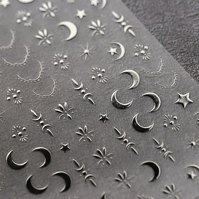 Silver Gold Nail Stickers for Nail Art 3D Self Adhesive Moon Star Nail Art Stickers Silver Moon Star Nail Decals Gold Nail Supplies for Women Girls 2Sheets