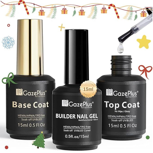3Pcs 15ml Builder Nail Gel with Base and No Wipe Top Coat Set 10-in-1 Clear Builder Gel With Top and Base Coat Shine Finish and Long Lasting for Christmas Gift Nail Extension Strengthener
