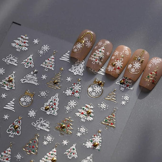 Christmas Nail Stickers 5D Embossed Xmas Tree Nail Decals with Rhinestones Snowflake Winter Nail Design Self-Adhesive Holiday Nail Art Decoration for Women Girls Nail Art Decoration