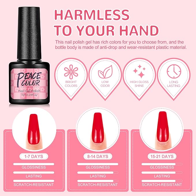 PEACECOLOR Gel Nail Polish Kit with U V Light, 6 Colors White Nude Pink Jelly Sliver Glitter Gel Polish Kit 50PCs False Tips Base Top Coat Nail Art Stickers Manicure Tools Salon DIY Home for Women