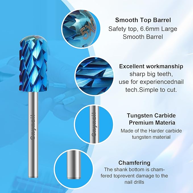 3/32" Large Barrel Smooth Round Top Tungsten Carbide Nail Drill Bit Safety Bit for Gel & Acrylic Removal, Right Way Rotating Efile Tip, Salon Electric File Accessory (5XC Grit, Blue)