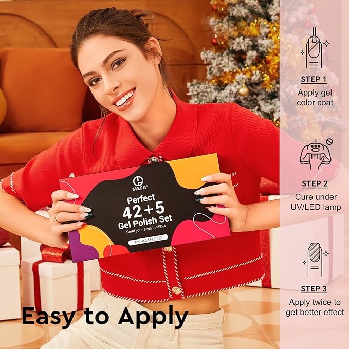 MEFA 47 PCS Gel Nail Polish Kit, 42 Colors All Seasons Collection Nude Pink White Colorful Gel Polish Set with 5 Pcs Base and Glossy/Matte/Glitter Top Coat DIY Manicure Art at Home Gifts for Women