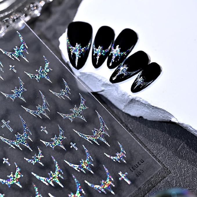 Halloween Nail Art Stickers Decals Silver Glitter Bat Nail Stickers 3D Embossed Bling Bat Cross Gothic French Design Halloween Nail Decals Manicure Sliders for Women DIY Nail Art Decorations Supplies