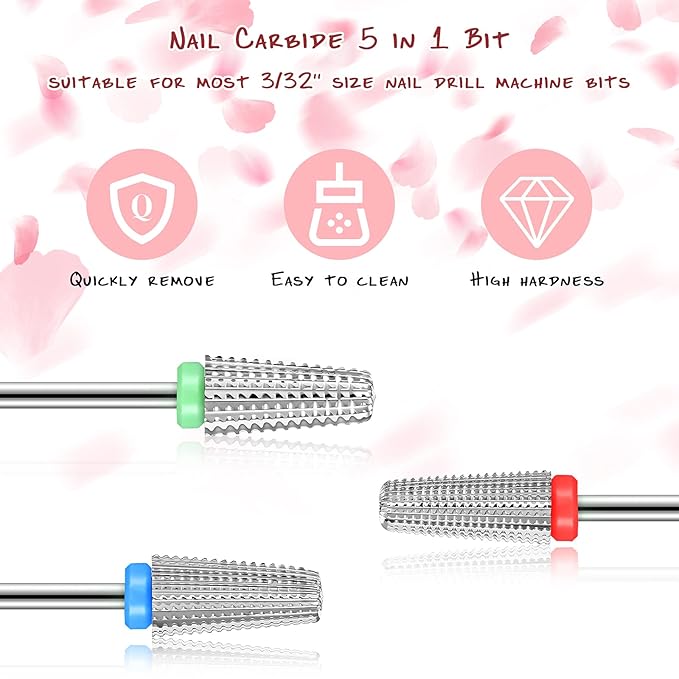 3 Pieces Nail Carbide 5 in 1 Bit, Nail Drill Bits Set-2 Way Rotate Use for both Left to Right Handed, 3/32 Inch Shank Size Drill Machine for Fast Remove Acrylic or Hard Gel (Silver)