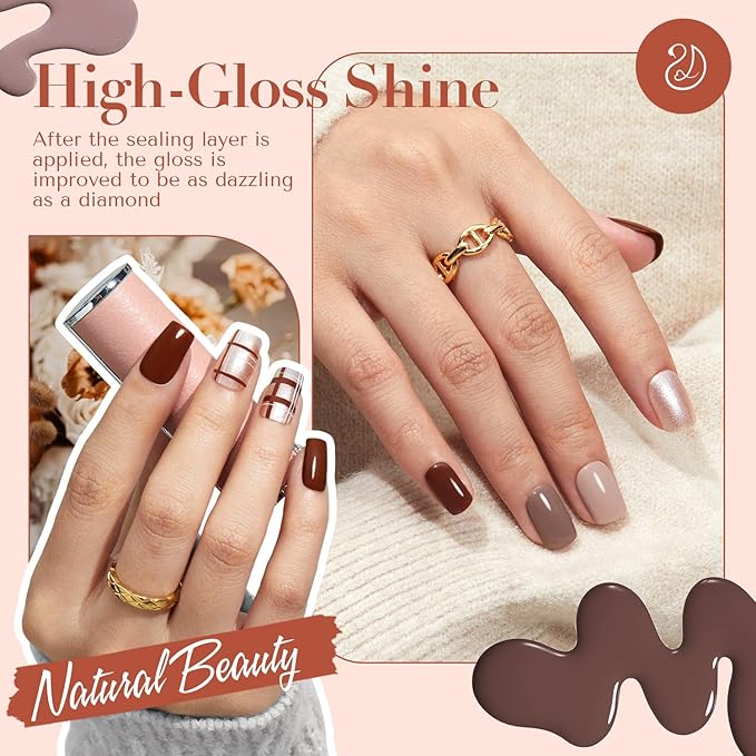 AZUREBEAUTY Nail Polish Set, 4 Colors Nude Brown Skin Glitter Quick Dry Natural Nail Lacquer Strengthening Treatment Kit with Top Coat DIY Salon at Home