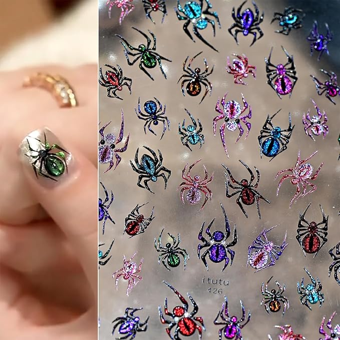 5D Embossed Spider Nail Stickers for Nail Art Halloween Nail Art Stickers Glitter Colorful Spider Nails Decals Holiday Nails Supplies for Women Halloween Acrylic Manicure Decoration Accessories 1Pcs