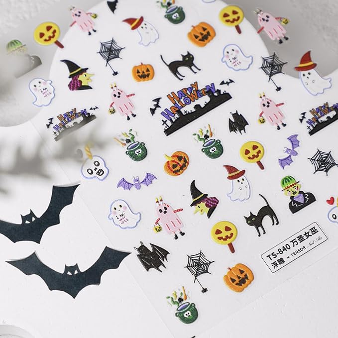 Halloween Nail Stickers for Nail Art - Ghost Witch Nail Art Sticker Halloween 5D Embossed Nail Decals Self-Adhesive Nails Supply Manicure Stickers for Nails Decoration