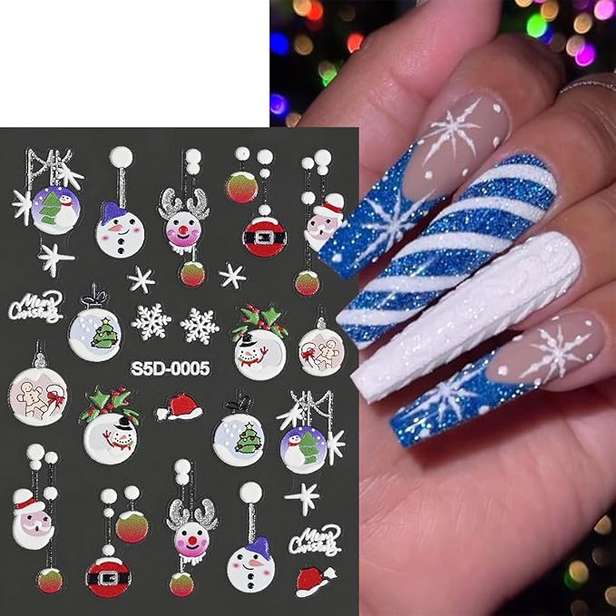 5 Sheets Christmas 5D Embossed Nail Art Stickers Gold Silver Glitter Nail Decals Self Adhesive Snowman Elk Gift Nail Design Stickers Snowflake Nail Stickers Winter Xmas Nail Art Supplies for Women DIY