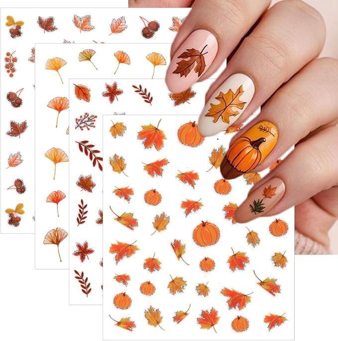 8 Sheets Fall Nail Stickers for Nail Art, 3D Self-Adhesive Bronzing Thanksgiving Nail Decals Pumpkin Maple Leaf Ginkgo Leaves Designs Nails Decorations Autumn Nail Art Supplies for Women