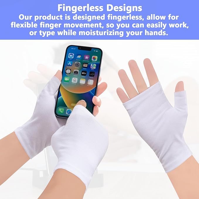 6 Pairs Cotton Gloves Eczema, Cotton Eczema Gloves for Women and Men, Touchscreen Fingerless White Gloves for Art Handling, Fingerless Moisturizing Gloves for Dry Hands Overnight Skin Protect (White)