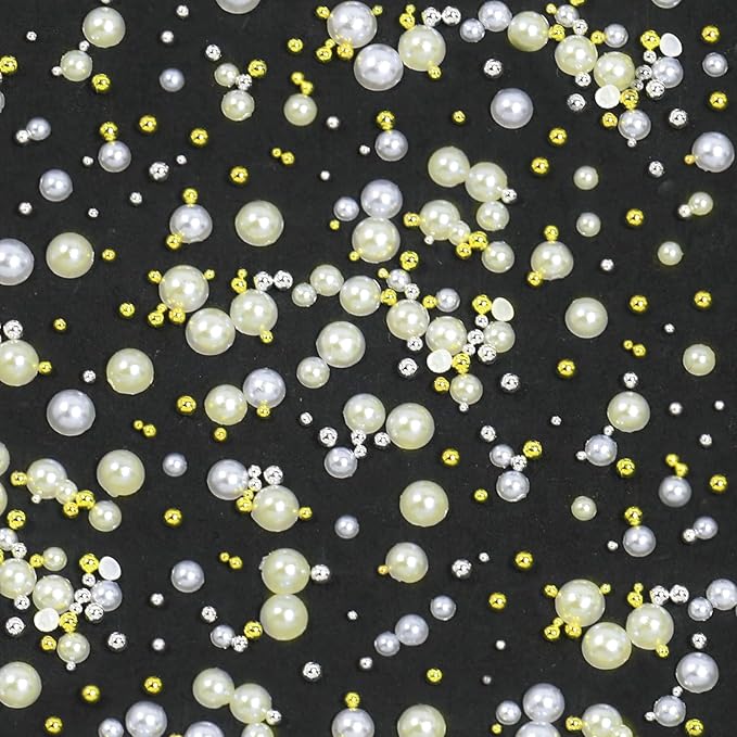 HNUIX NAI Charms - 3D Round Multi Size Crystal Rhinestones, Clear & AB Nail Gems, White & Beige Pearls, Silver & Gold Metal Beads, with Kit, for Nail Art, DIY Decorations