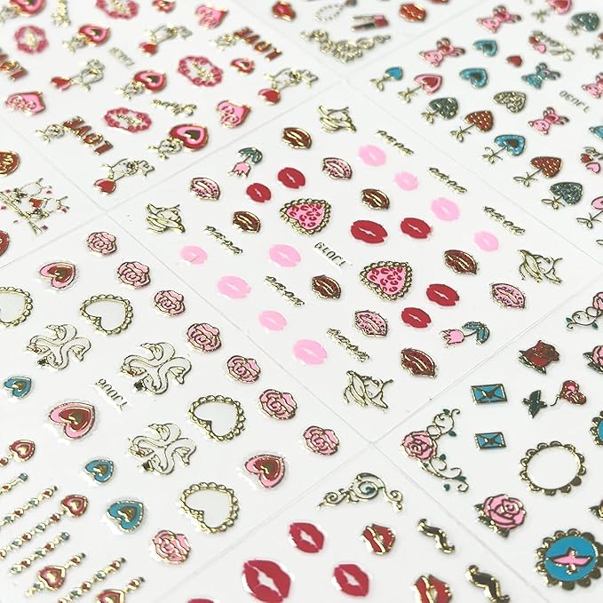30 Sheets Valentine Nail Stickers: 3D Self-Adhesive Red Heart Designs, Rose Lip Bow, Valentine Decals & Supplies