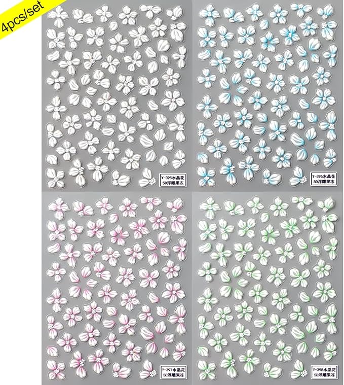 5D Embossed Flowers Nail Stickers for Nail Art Designs,4 Sheets Spring Cherry Blossom Floral Petals Self-Adhesive Nail Decals,Holographic Sakura Foils Sticker for Nail Decoration Manicure Supplies