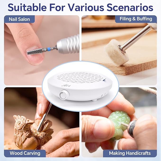 Nail Dust Collector Compact Vacuum Fan Duster with Reusable Filter Low Noise Powerful Vacuum Cleaner for Acrylic Gel Polished Nails, Nail Salon and Home (White)