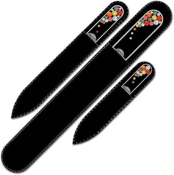 Mont Bleu Set of 3 Glass Nail Files Hand Decorated with crystals - in Black Velvet Sleeve - Genuine Czech Tempered Glass - Handmade Crystal Nail Files