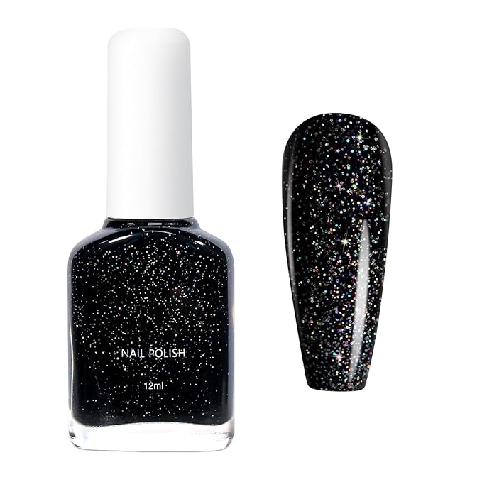COSMOO Black Glitter Quick Dry Nail Polish, 12ml, Chip Resistant, Vegan, Fast Drying, Streak, Long Lasting