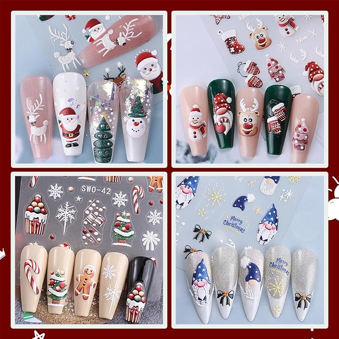 Xmas Nail Art Stickers Decals 5D Embossed Santa Claus Snowman Gingerbread Man Christmas Tree Snowflakes Elk Pattern Nail Decals Cute Nail Stickers for DIY Christmas Party Nail Designs 4 Sheets