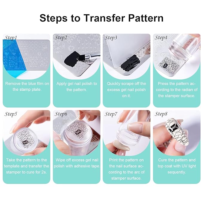 X&D Nail Art Stamper Clear Jelly Nail Art Stamping Transparent Silicone Rubber Nail Polish Stamper with Acrylic Scraper, Spare heads, Stainless Steel Plate Kit for French Tips and Transfer Images B