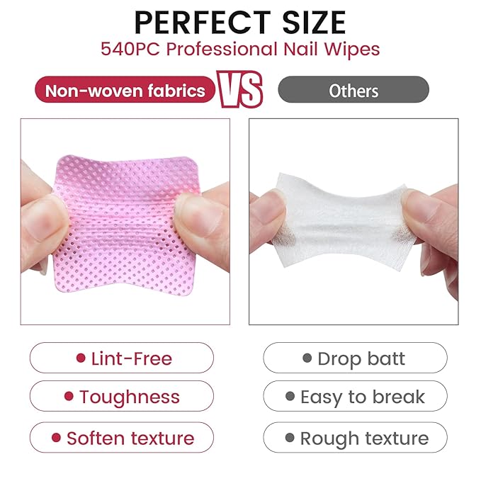 Lint Free Nail Wipes in storage case, Non-Woven Soft Nail Polish cleaner Wipes, Super Absorbent Pad for Fingernail Polish Remover - Eyelash Extension - Finger Art Supplies (1080 Pink)