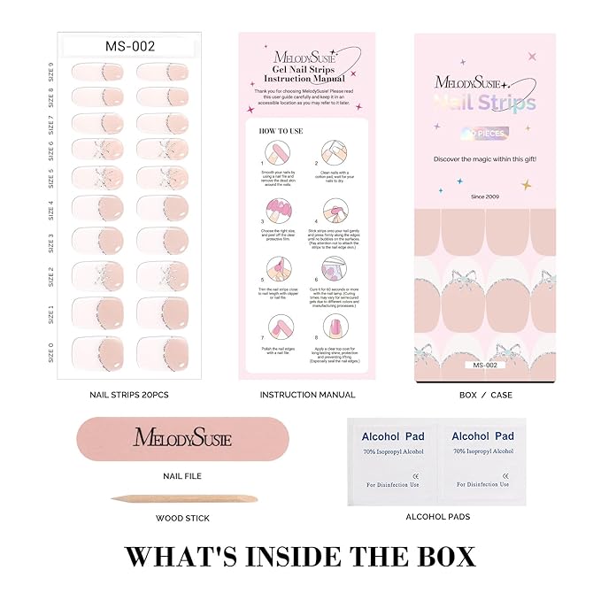 MelodySusie Semi Cured Gel Nail Strips (White Bow French Tips), Works with Nail Lamp, Salon Quality, Long Lasting, Easy to Apply and Remove, Includes 20Pcs, 2 Prep Pads, Nail File and Wooden Stick