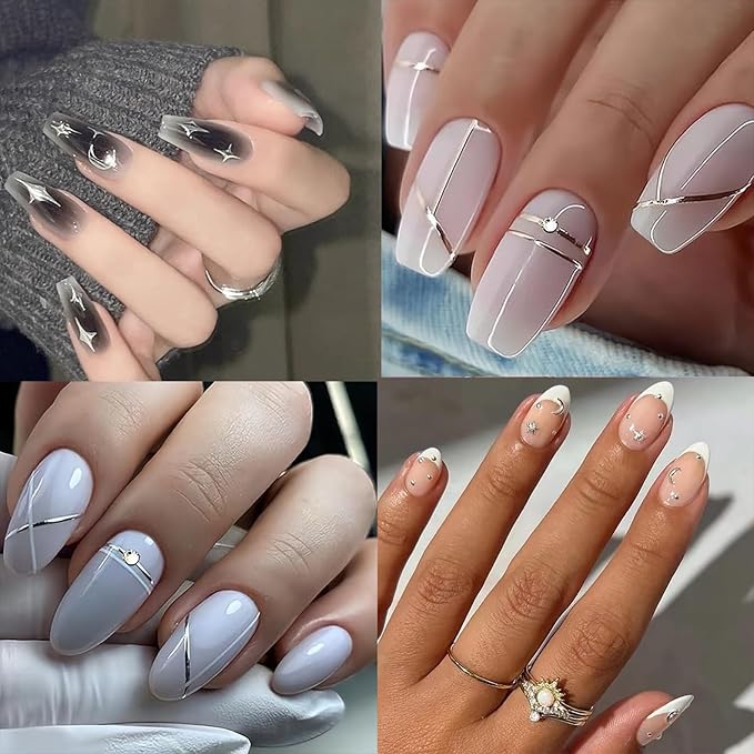 30 Sheets Silver Nail Art Stickers Aurora Star Moon Nail Decals 3D Self-Adhesive Holographic Line Nail Stickers Laser Heart Letter Snowflake Leaf Nail Supplies for Women Girls Manicure DIY