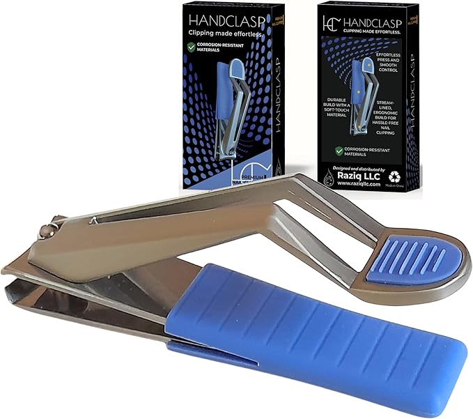 Nail Clippers for Men, Fingernails, Premium Stainless Steel, Ultra Sharp Curved Edge, Wide Jaw, Ergonomic, Thumb Rest for Comfort, Special Needs, Arthritis Friendly, Blue