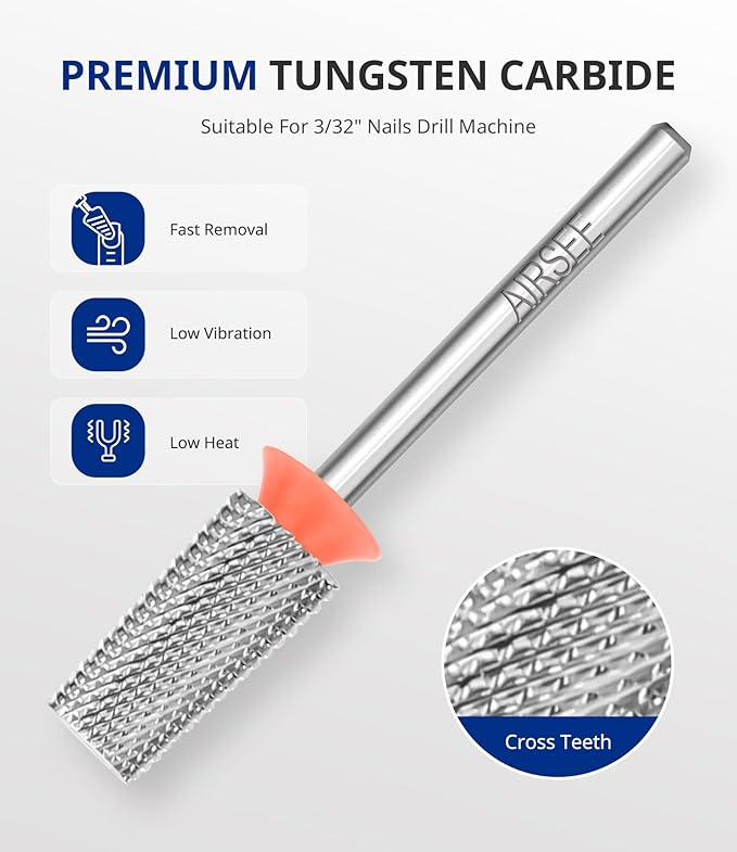 AIRSEE Tungsten Carbide Acrylic Nail Drill Bit Efile Electric File Machine Head Tip for Manicure Polishing Art Remove Gel 3/32" 2 Way Professional Tech Flat Top Tapered Barrel Fine-F