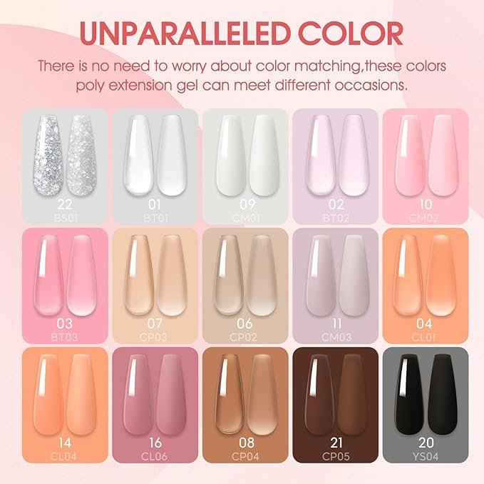 42Pc Poly Nail Gel Kit, 15 Colors Nude Pink White Clear Poly Nail Extension Gel with Nail Lamp Starter Kit Slip Solution 12Pc Nail Decorations Top Coat Manicure Kit Gifts for Women